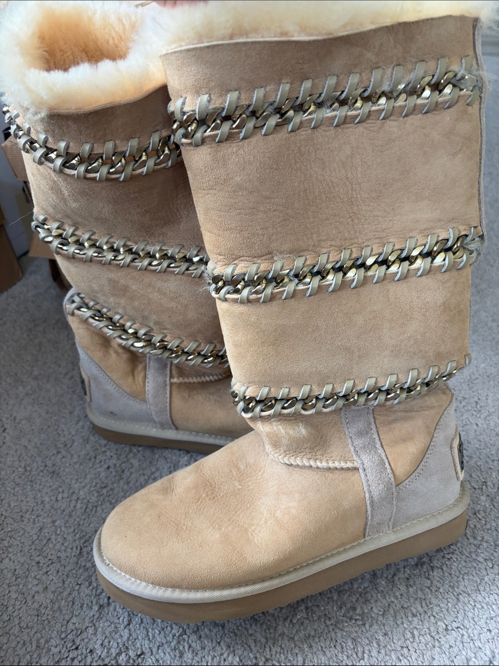 Australia Luxe Collective Tan Suede Shearling Boots with Chain Trim